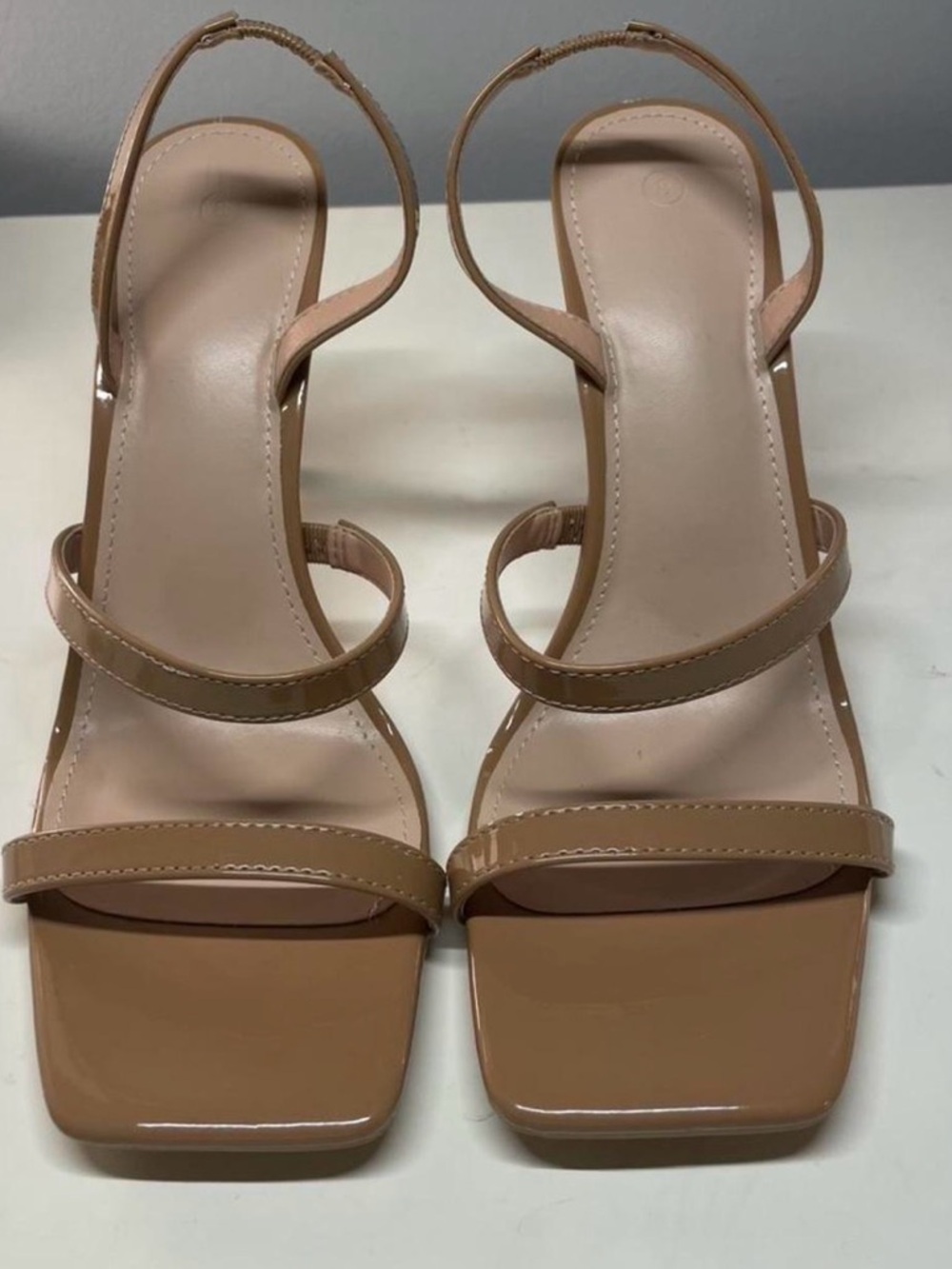Nude Patent Square-Toe Slingback Heels with Triple Straps